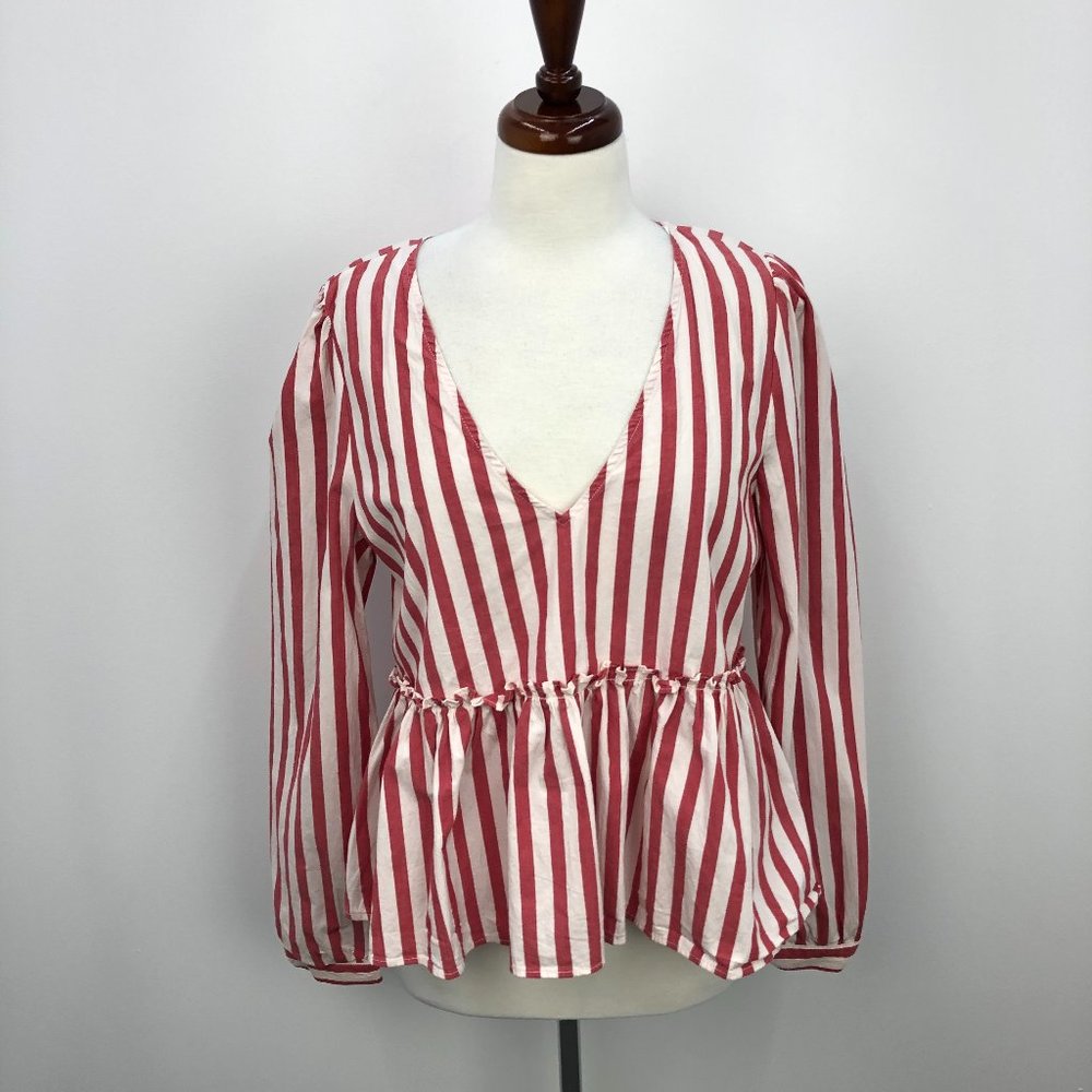 Zara Red & White Awning Stripe Peplum Blouse